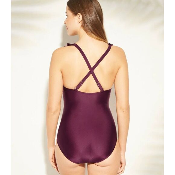 Purple Plus Sz 16 Ruffled Built In Bra Criss Cross Straps 1 Pc Swimsuit KONA SOL - Picture 2 of 5